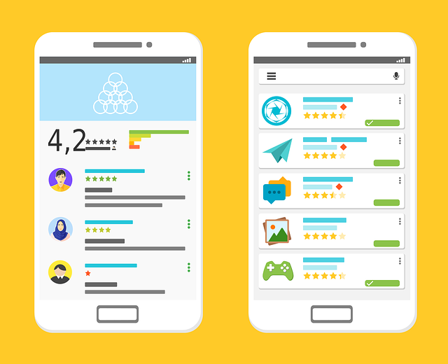 Illustration showing two mobile phones side by side with app listings, user profile icons, star ratings, review summaries, and category icons.